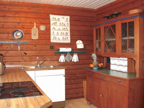 uma cozinha com paredes de madeira e um forno com placa de fogão em Holiday home Schleiblick em Gunneby