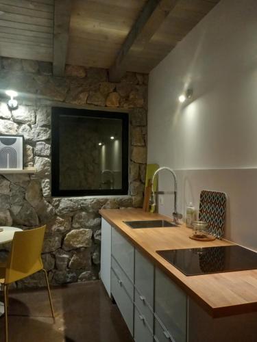 uma cozinha com um lavatório e uma televisão numa parede de pedra em ZlatAir Twins em Nova Varos
