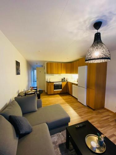 a living room with a couch and a kitchen at Noah Longstay Skellefteå in Skellefteå