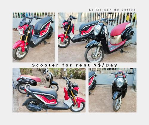 a collage of four pictures of scooters parked at La maison de Soriya - Homestay in Kampot