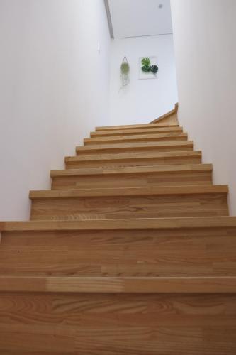 a stairway with wooden steps in a room at Mir Guesthouse in Jeju