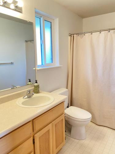 a bathroom with a sink and a toilet and a window at Hot Tub! King Bed-firepitt-near Airport& Freeway in Medford