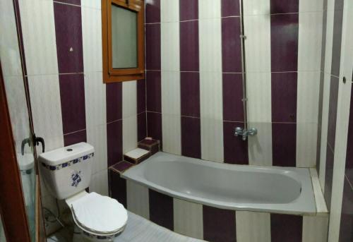 a bathroom with a toilet and a bath tub at الضيافة in Shakshuk