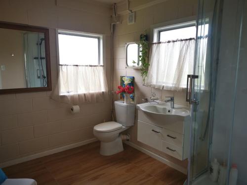 y baño con aseo y lavamanos. en Nice house on Wesley Auckland, en Auckland