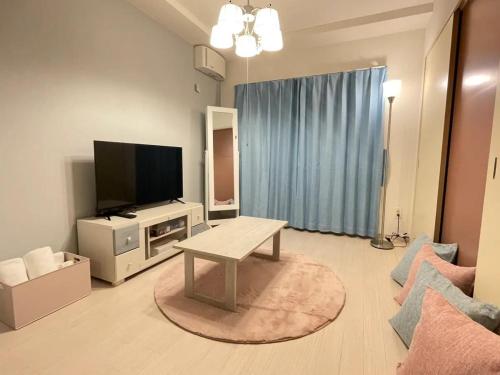 a living room with a tv and a coffee table at HS平岸 HSHiraghishi in Minami-jūichijō