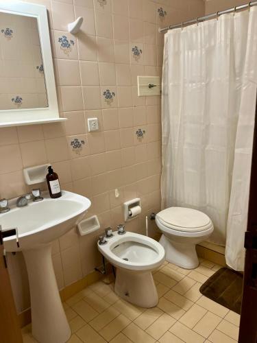 un bagno con WC, lavandino e doccia di San Clemente Ocean View a San Clemente del Tuyú