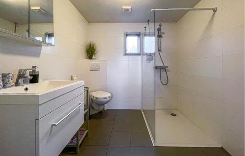 a bathroom with a shower and a toilet and a sink at Cozy stacaravan In Reutum With Wifi in Reutum