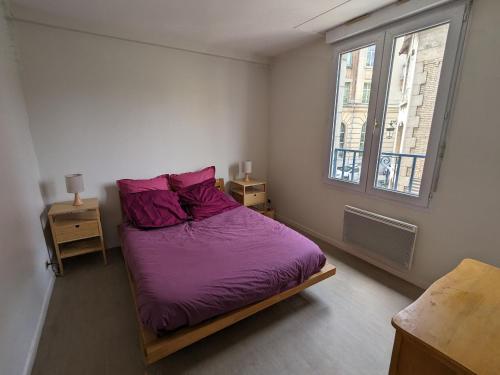 a bedroom with a bed with purple sheets and a window at Appartement Orléans, 2 pièces, 2 personnes - FR-1-590-362 in Orléans