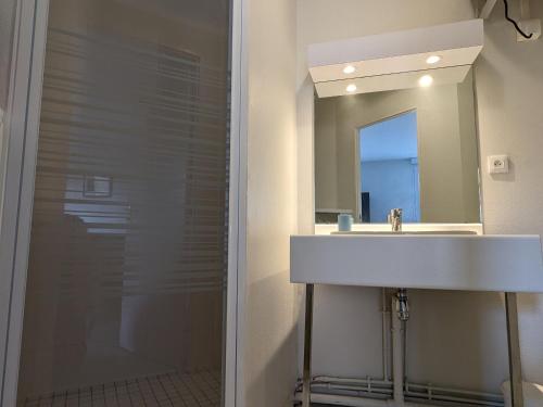 een badkamer met een wastafel en een spiegel bij Appartement Orléans, 2 pièces, 2 personnes - FR-1-590-362 in Orléans