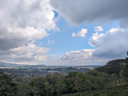 un ciel bleu avec des nuages et des arbres sur une colline dans l'établissement Serenity Mountain, à Poás
