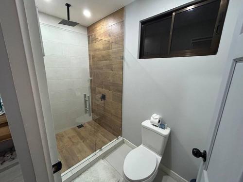 a bathroom with a shower with a toilet and a shower at Tiny House in La Fortuna with Jacuzzi and Pool in Fortuna