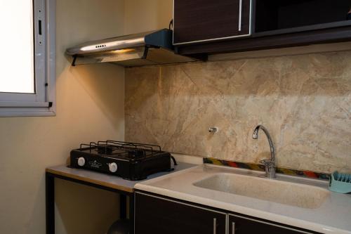 uma cozinha com um lavatório e uma torradeira no balcão em Dúplex Vista Verde em Belén