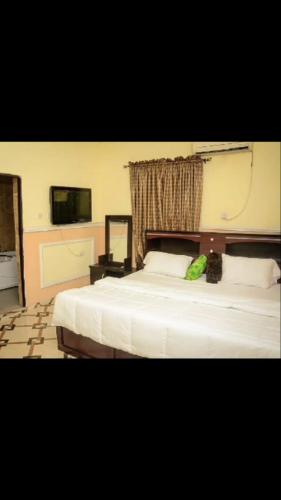 a bedroom with two beds and a flat screen tv at 6A Resort LTD in Owerri