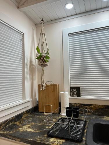 a kitchen with two windows and a sink with a plant at Chalet 86 - 3 Minutes From Whiteface Mountain in Wilmington