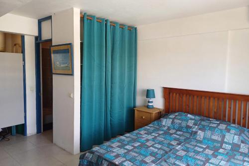 een slaapkamer met een bed en een blauw gordijn bij Fare Gauguin in Papeete
