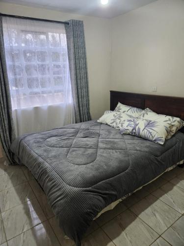 łóżko w sypialni z oknem w obiekcie Muthiga Springs Apartment w mieście Kikuyu