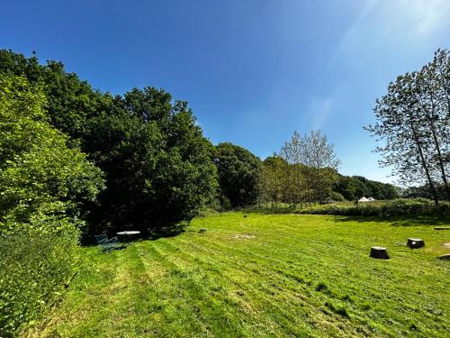 普爾伯勒的住宿－Sussex Bell Tent，草地,田野里长着长凳