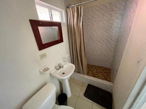 een badkamer met een wastafel en een douche bij Suite AMAI, Valle de Guadalupe in Colonia de Guadalupe
