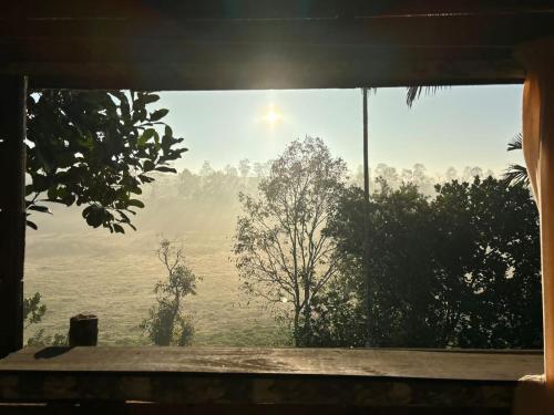 a window with a view of a misty view of trees at Lotus Jewel Forest Camping in Sultan Bathery