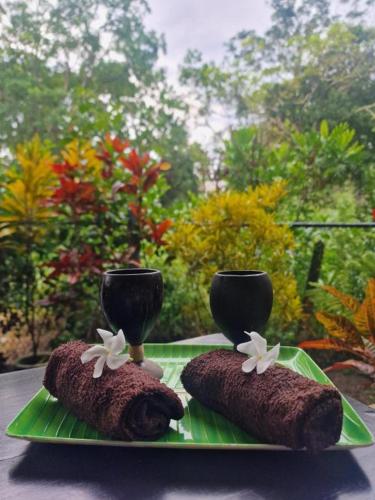 two cookies on a green plate on a table at Dream Villa Sigiriya in Sigiriya