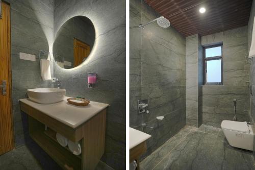two pictures of a bathroom with a sink and a mirror at Saanjh - The Musical Sunset in Shimla