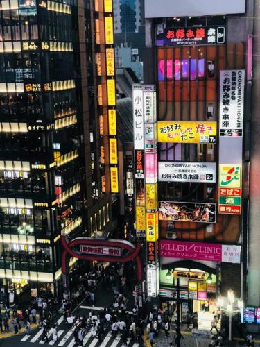 an overhead view of a busy city street with buildings at Tanuki Shinjuku in Tokyo