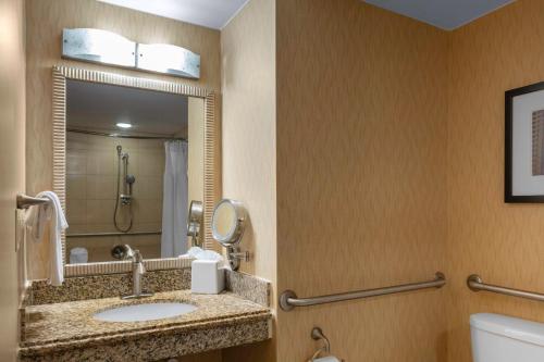 a bathroom with a sink and a mirror at Crowne Plaza Boston - Woburn by IHG in Woburn