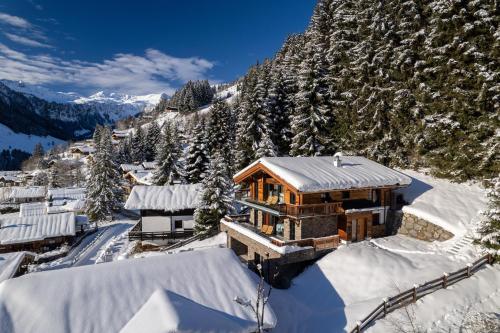 uma cabana de madeira na neve numa montanha em Lavender Hill - Summer holiday & ski chalet/villa em Saalbach-Hinterglemm