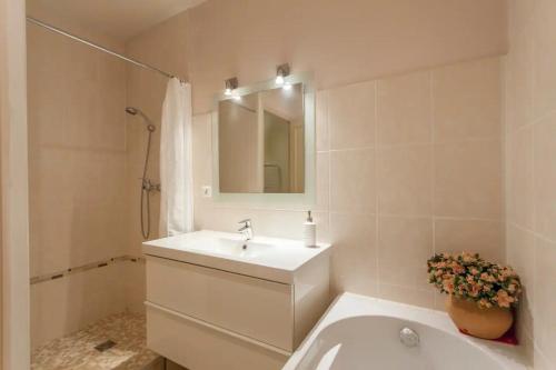 a white bathroom with a sink and a mirror at Chambre privée en hyper-centre de Grenoble in Grenoble