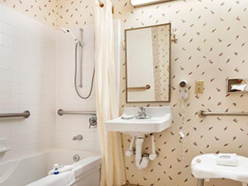 La salle de bains est pourvue d'un lavabo, d'un miroir et d'une baignoire. dans l'établissement Microtel Inn & Suites by Wyndham Ann Arbor, à Ann Arbor