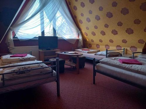 a room with two beds and a tv in it at Miltex in Torzym