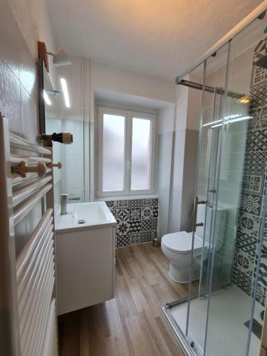 a bathroom with a toilet and a glass shower at Villa Rosa Trois Epis in Trois-Épis