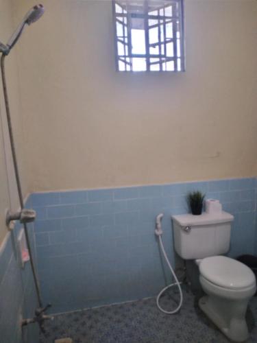 a bathroom with a toilet with a plant on the wall at Camille's Cheapstay in Alaminos