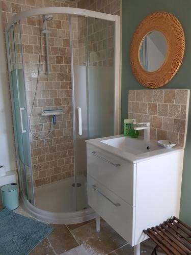 a bathroom with a shower and a sink and a mirror at Chambre double dans longère in Soulaines-sur-Aubance