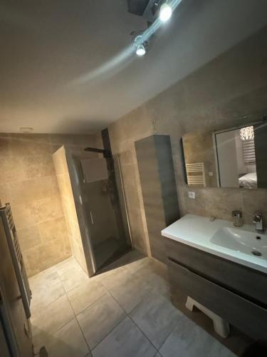 ein Bad mit einer Dusche und einem Waschbecken in der Unterkunft Villa de vacances avec piscine privative chauffée in Saint-Maime