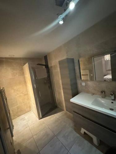 une salle de bain avec une douche, un lavabo et un miroir dans l'établissement Villa de vacances avec piscine privative chauffée, à Saint-Maime