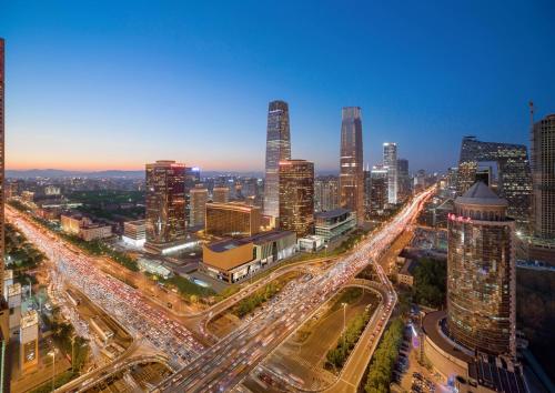 a view of a city at night with traffic at China World Hotel, Beijing, A Shangri-La Hotel in Beijing