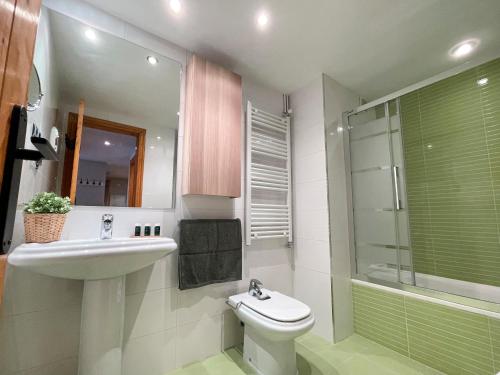 een badkamer met een wastafel, een toilet en een douche bij Apartamento en el centro de Benasque in Benasque