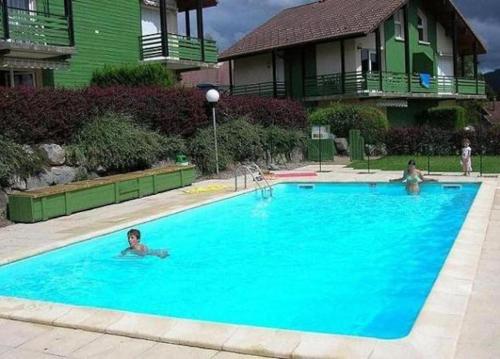 2 personnes se baignant dans une grande piscine bleue dans l'établissement O' Chênes Rouges GERARDMER - 4-6 pers avec terrasse vue lac et montagne, à Gérardmer