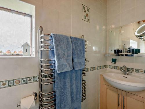a bathroom with blue towels and a sink at 2 Bed in Boulmer 91486 in Boulmer