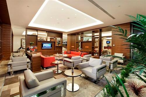 a lobby with couches and chairs and a television at Hilton Garden Inn Konya in Konya