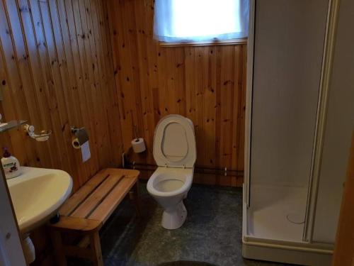 ein Bad mit einem WC, einem Waschbecken und einer Dusche in der Unterkunft Explorers Cabin Lofoten Edge in Sørvågen