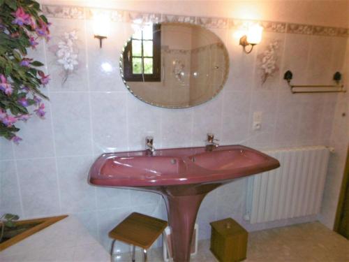 ein rosa Waschbecken im Bad mit Spiegel in der Unterkunft Maison 4 pièces 6 personnes, vue sur l'océan - Carantec in Sarzeau