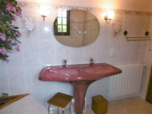 - un lavabo rose dans une salle de bains avec un miroir dans l'établissement Maison 4 pièces 6 personnes, vue sur l'océan - Carantec, à Sarzeau