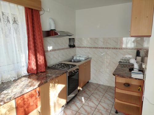 a small kitchen with a stove and a sink at Casa Kasandra in Buşteni