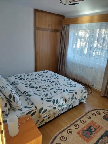 a bedroom with a bed and a window at Casa Kasandra in Buşteni
