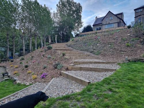 a dog standing in front of a garden with a house at Cosy Corner Suite in Bradford