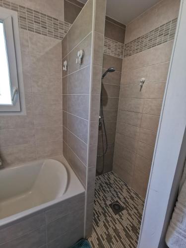 La salle de bains est pourvue d'une baignoire et d'une cabine de douche. dans l'établissement Villa en lisière de forêt, à Seignosse
