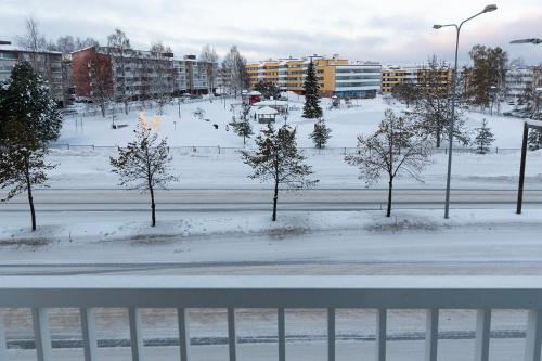a park covered in snow with trees and buildings at Holiday Apartment Aava 4 in Rovaniemi