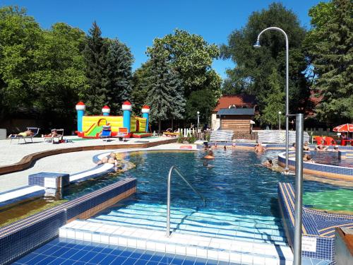 a pool in a park with people in the water at Gyula-tanya Vendégház in Csongrád